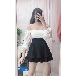 Set áo bẹt vai nhún tay chân váy tầng