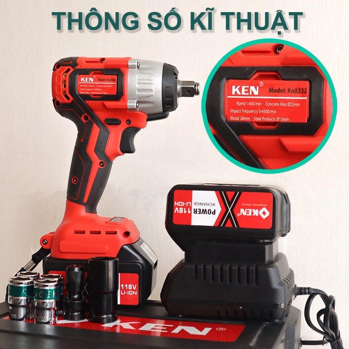 Máy Siết Bulong Ken Pin 118V Không Chổi Than – Tặng Bộ Đầu Khẩu, Đầu Chuyển Vít – Máy Bắn Vít – Hàng Loại 1