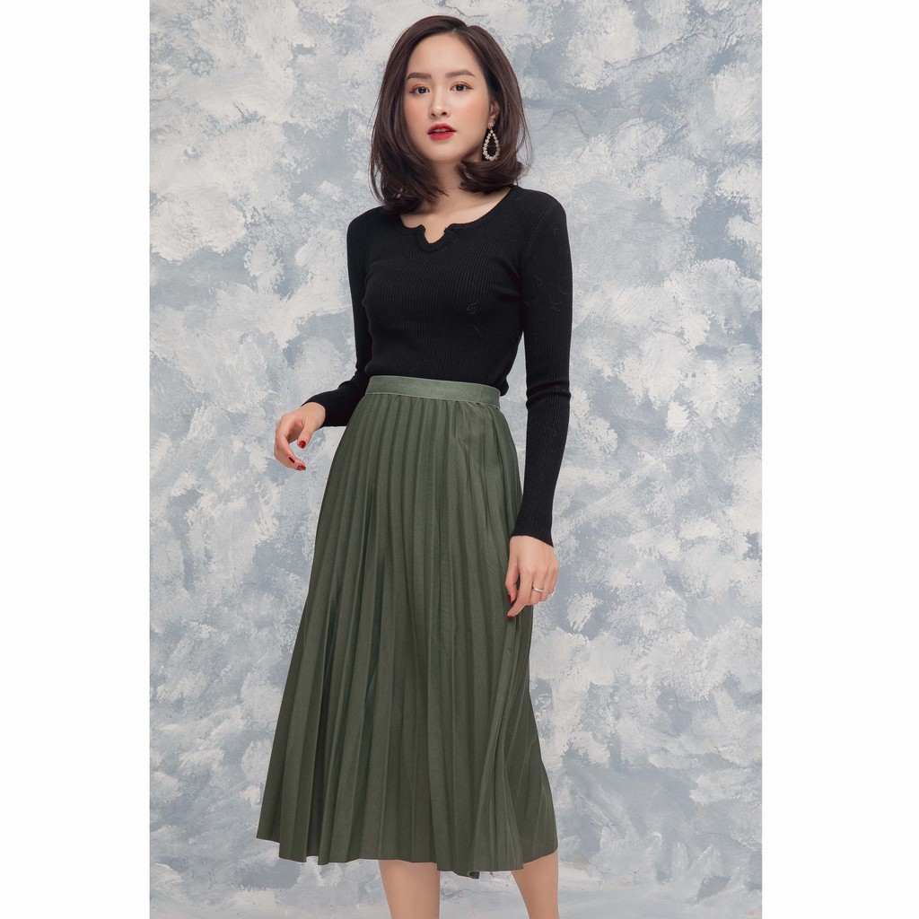 Chân váy midi xếp ly dáng dài LYNS chất liệu lụa lưng cao xòe dài qua gối (Hàng thiết kế). | BigBuy360 - bigbuy360.vn