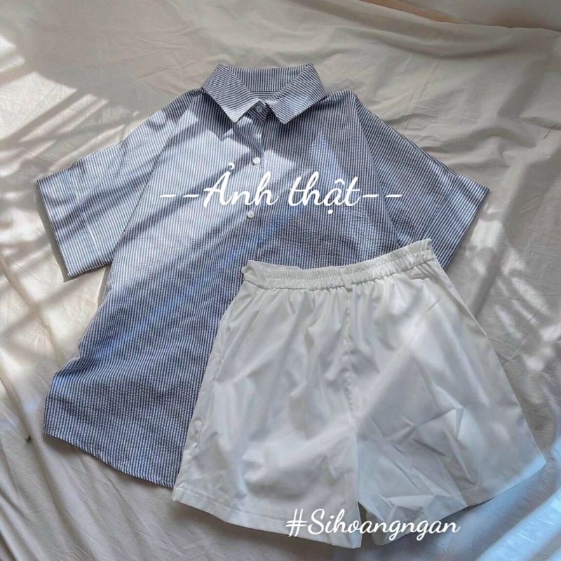 Set Sơ Mi Kẻ Cúc Lưng Mix Quần Sooc Kaki Trắng Siêu Hot