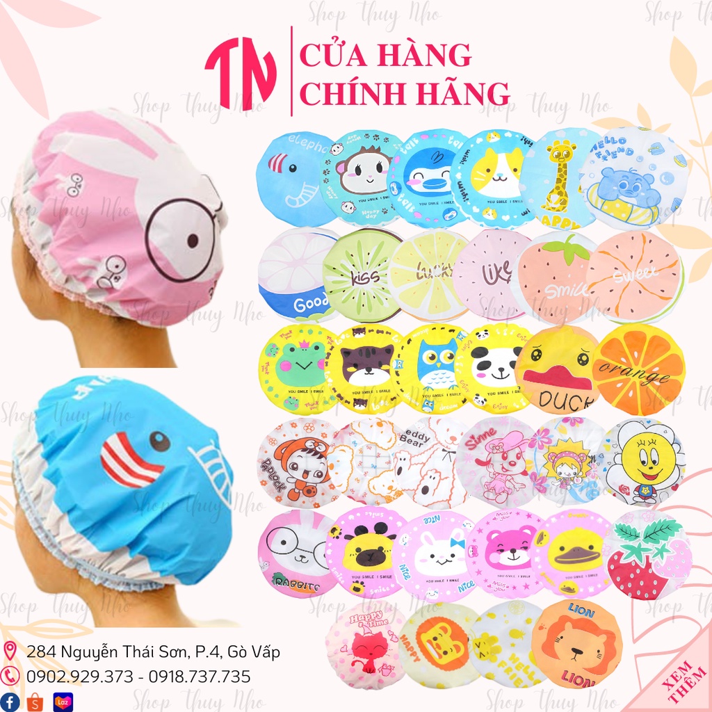 Mũ, Bao,Nón trùm tóc chống thấm nước cao cấp họa tiết hoạt hình thú, gấu bông, trái cây dễ thương