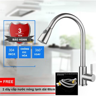 Vòi rửa chén bát nóng lạnh dây kéo rút cắm chậu chất liệu inox 304 nguyên khối .Tặng kèm 2 dây cấp nước nóng