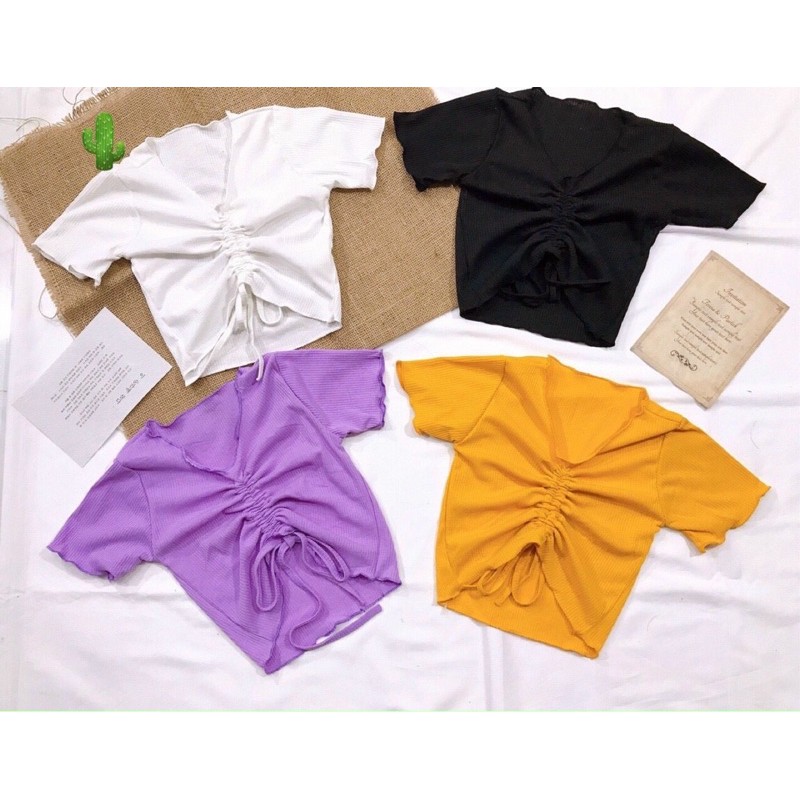 🍀Áo thun croptop cuốn biên dây rút giữa