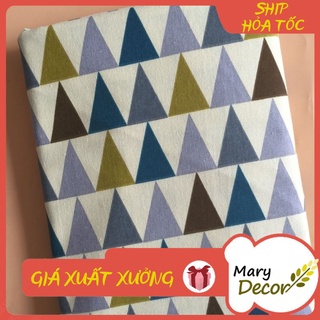 Vải linen họa tiết Tam giác xanh vàng nâu V-B09