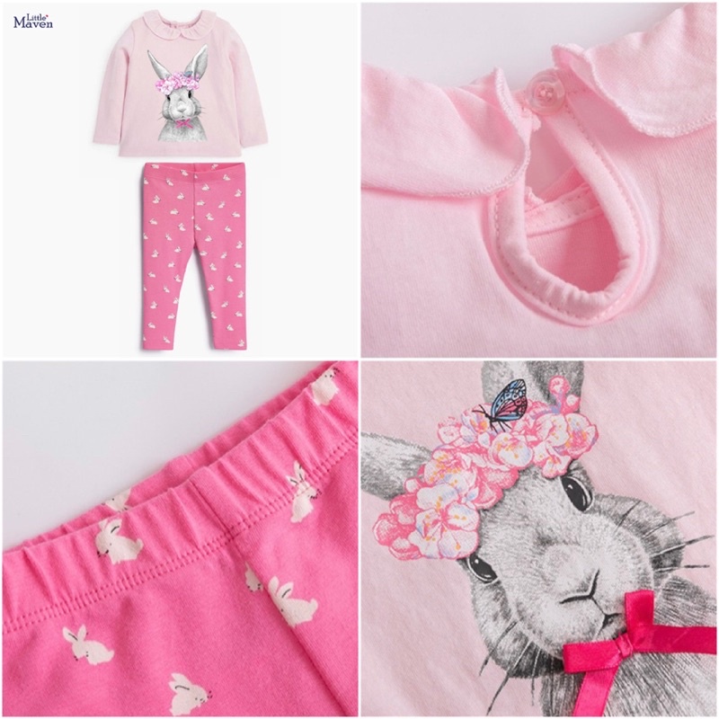 Bộ cotton dài tay bé gái Little Maven cầu vồng và thỏ sz 2-7Y