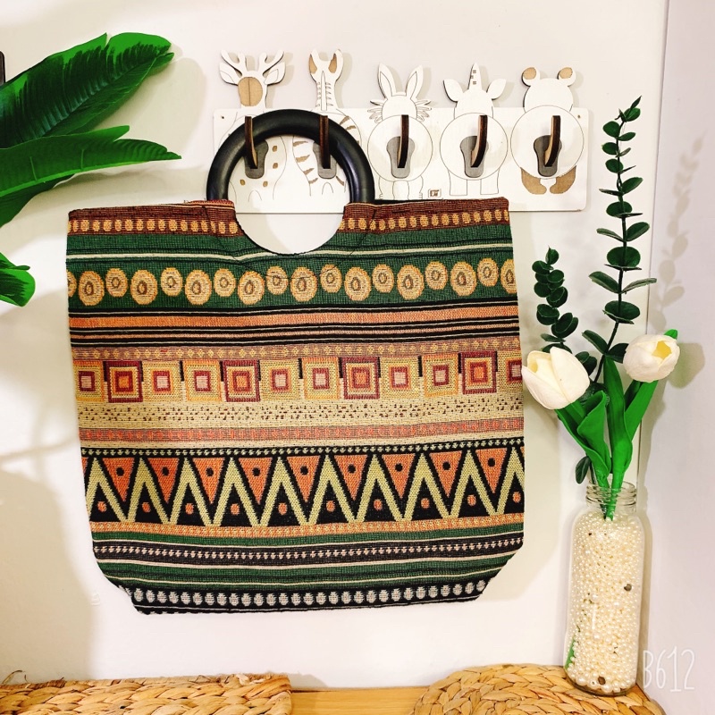 Túi thổ Cẩm quai gỗ mẫu sọc ( chọn mẫu )