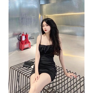 Váy body 2 dây nhúm lụa màu đen quyến rũ
