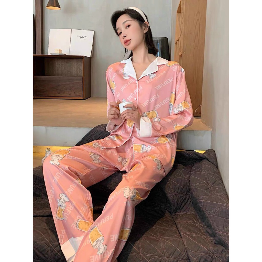 [Hàng Sẵn chuyên Sỉ] B151 Bộ ngủ pijama lụa QCCC tay dài quần dài,  in hình siêu dễ thương vải lại siêu đẹp.