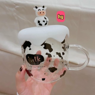 Cốc thủy tinh có nắp đậy hình bò sữa cute