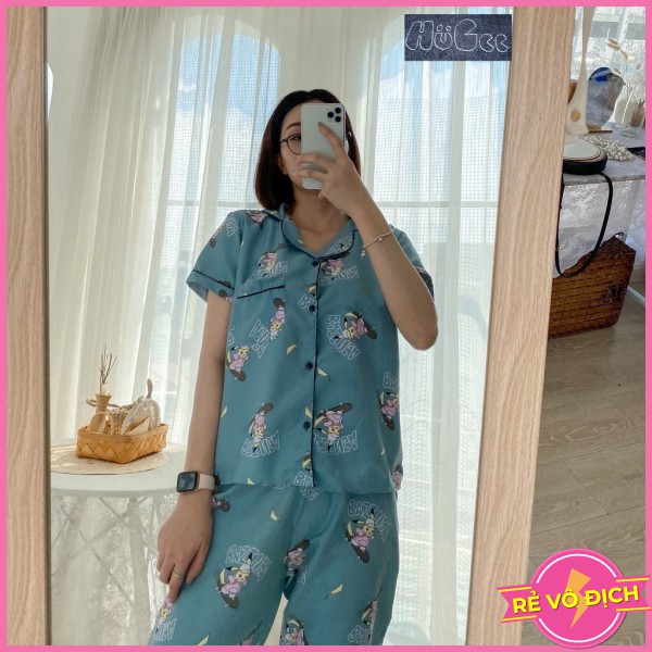 [FREESIZE] Đồ Bộ Quần Áo Ngủ Nữ Mặc Nhà Cộc Tay Pijama HUGEE Chất Vải Kate Thái Loại 1 Màu Xanh Ngọc Hình Pikachu A0483