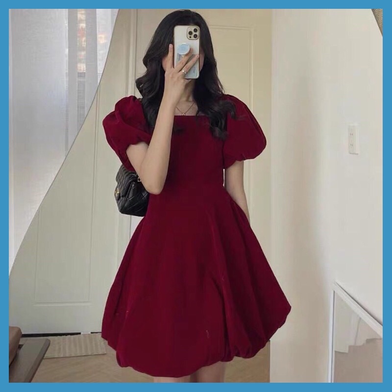 Đầm váy nhung đỏ tay bồng bềnh siêu xinh