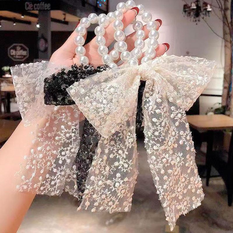 Cột tóc nơ - Dây buộc tóc ngọc trai nhân tạo đính nơ ren nữ tính ZAZA BN009