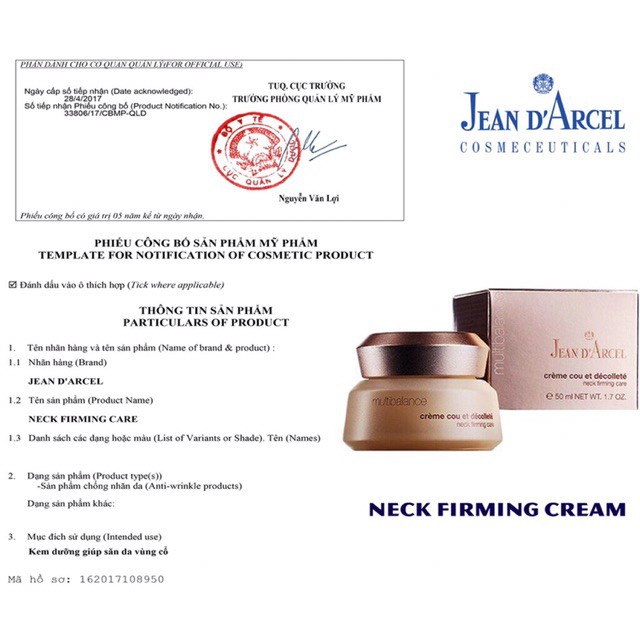 [HÀNG NHẬP KHẨU] Kem Dưỡng Giúp Giảm Nếp Nhăn Và Chảy Xệ Vùng Cổ, Chống Lão Hóa Jean D'Arcel Neck Firming Care