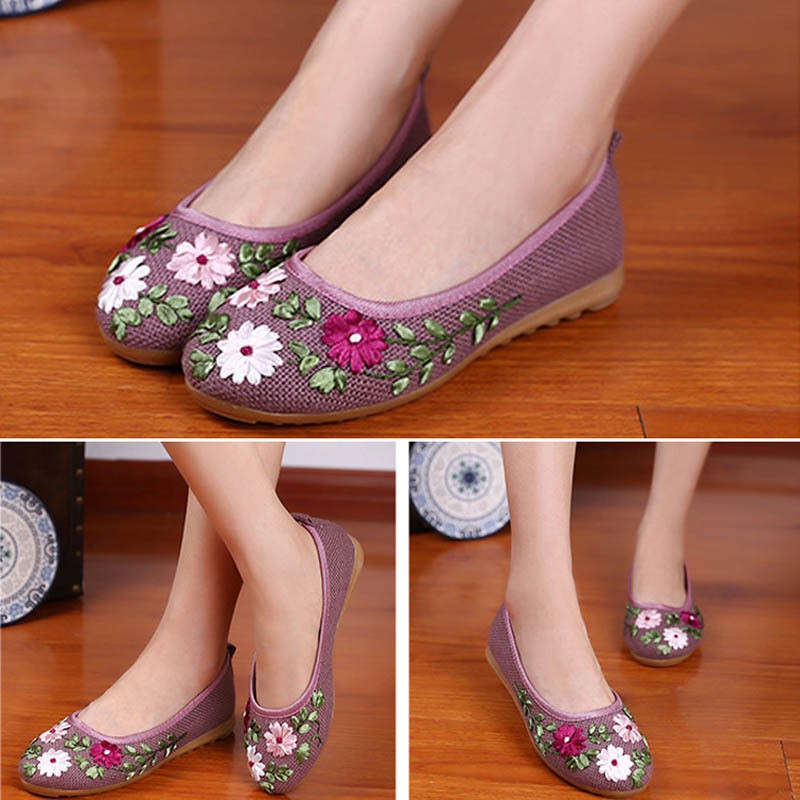 Giày búp bê thêu họa tiết hoa phong cách cổ điển thanh lịch dành cho nữ