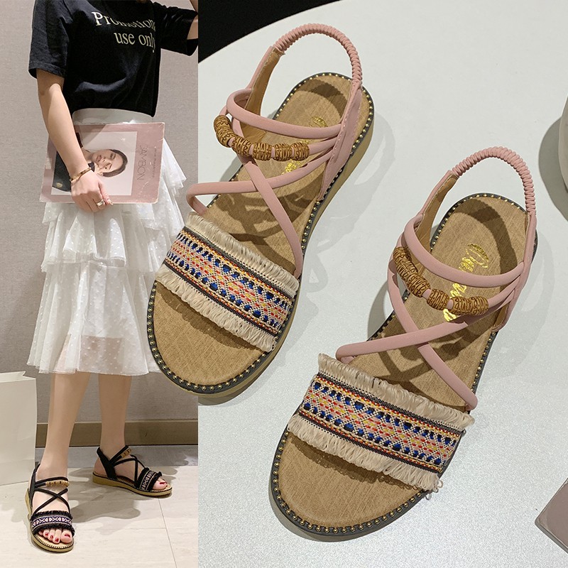 Giày sandal đế bằng đan dây phong cách Bohemian thiết kế độc đáo thời trang cho nữ