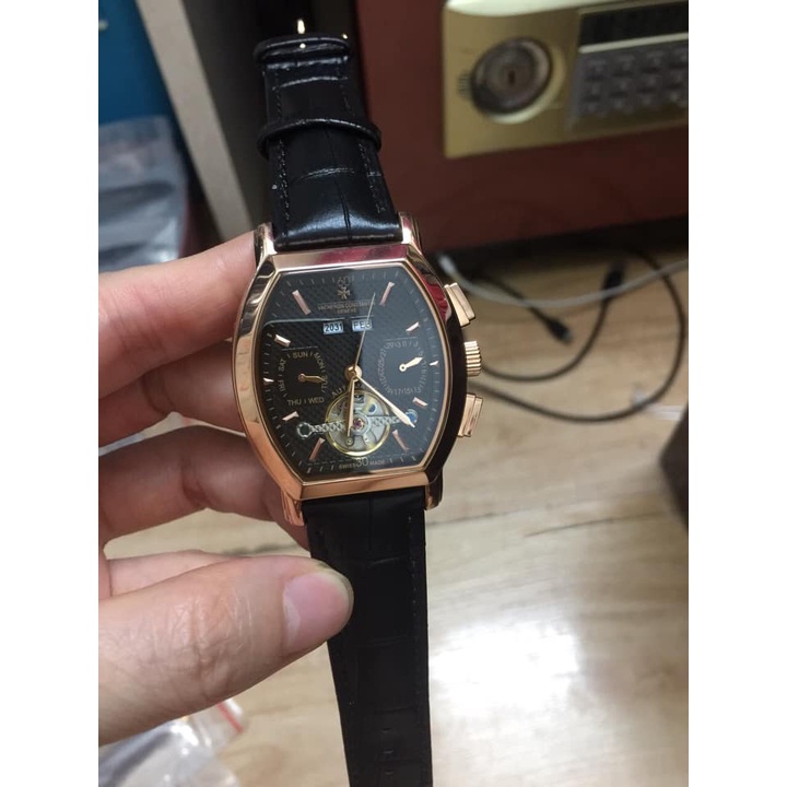 Đồng hồ Nam Vacheron constantin cơ bầu tự động 6kim trăng sao size 40-41 dây da vỏ vàng hồng mặt đen