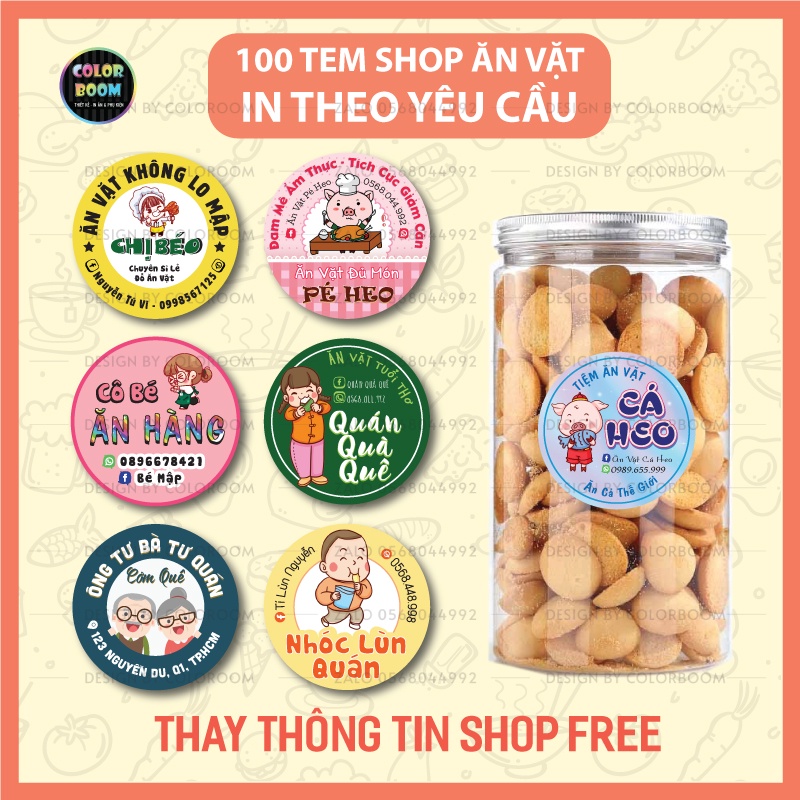 100 Tem Nhãn Decal Dán - Tem Shop Ăn Vặt - Decal Giấy