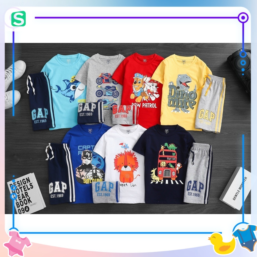 Đồ bộ ngắn tay thun cotton GAP bé trai 2-7T họa tiết chó cứu hộ, xe, khủng long, captain