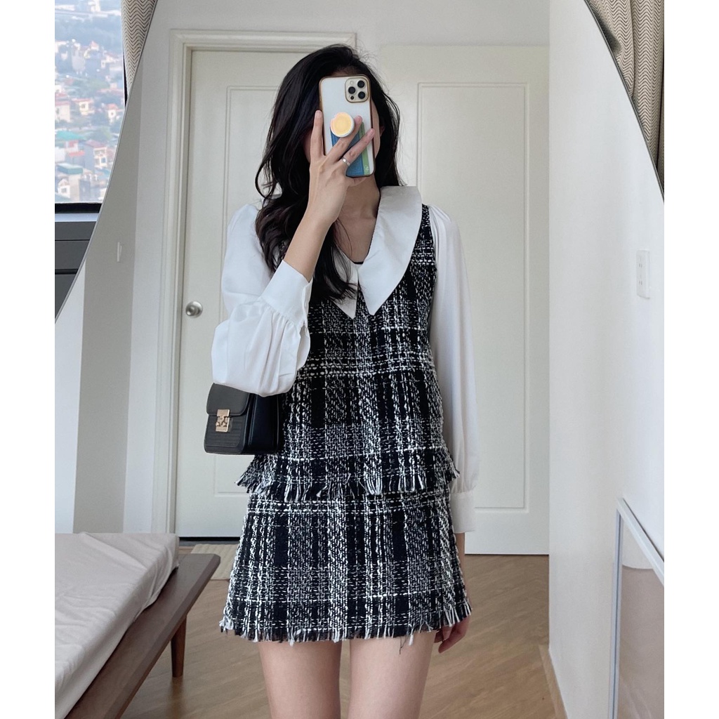 (ảnh thật) Audrey Set dạ tweed phối cổ peterpan tay bồng 583