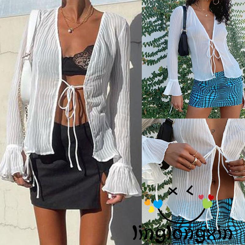 Áo Croptop Tay Loe Phối Dây Buộc Phong Cách Cổ Điển Đường Phố Thời Trang Cho Nữ Linglongxi2 Y2k
