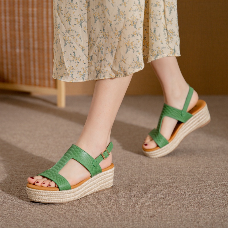 Giày Sandal Đế Xuồng Đan Cói Hở Mũi Thời Trang Retro Cho Nữ