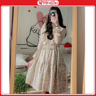 Váy hoa nhí vintage, váy hoa nhí dáng xòe cánh tiên viền bèo pikatchu