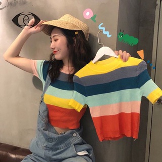 Xj-xj-áo Thun Dệt Kim Tay Lửng Ôm Vừa Vặn Màu Cầu Vồng Phong Cách Hàn Quốc Cho Nữ Sinh