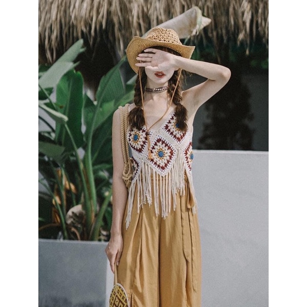 Áo hoa văn ghép Len móc crochet top phong cách bohemian