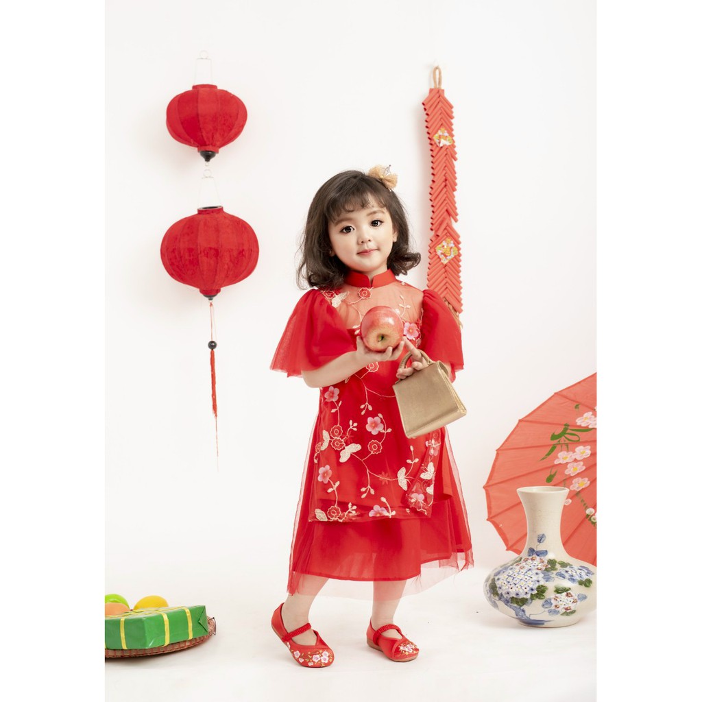 Áo dài bé gái 🎀FREESHIP🎀 Áo dài cho bé ren hoa lót lụa đỏ