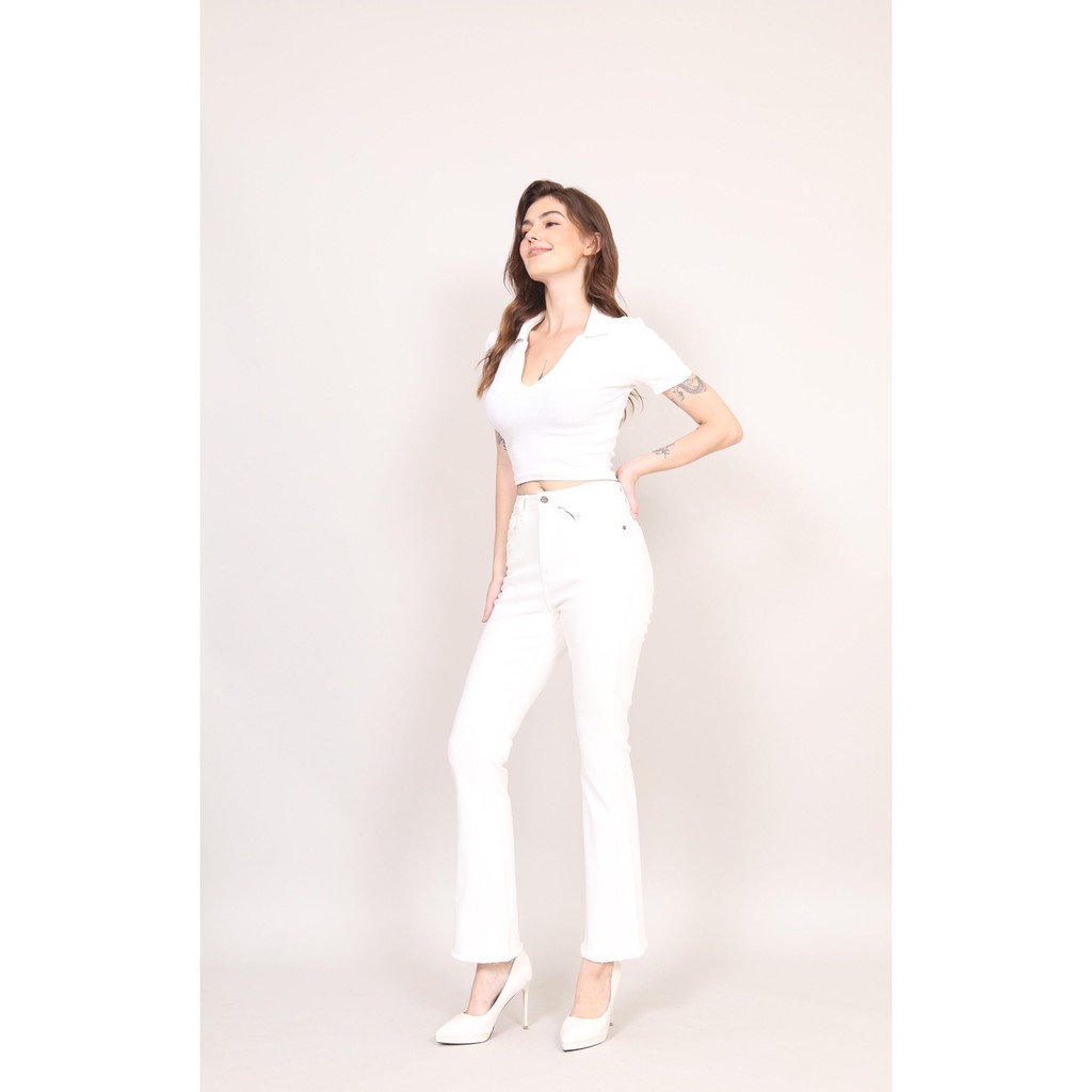 Quần Jeans Nữ Ống Loe Cạp Cao Co Giãn Đen Trắng Trơn Gấu Tua CT Jeans | BigBuy360 - bigbuy360.vn