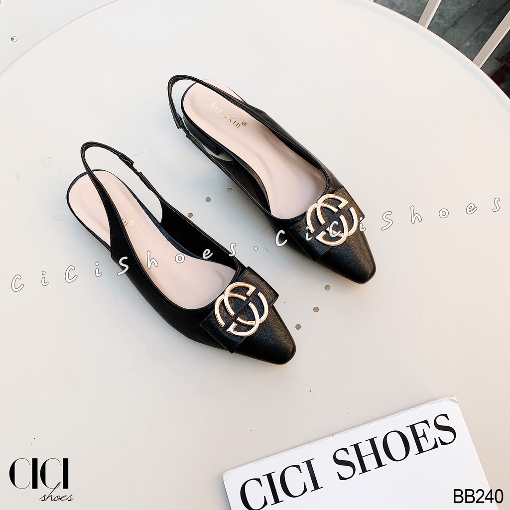 Giày búp bê nữ CiCi Shoes gót hở, giầy nơ ngang chữ sắt slingback 2cm - BB240