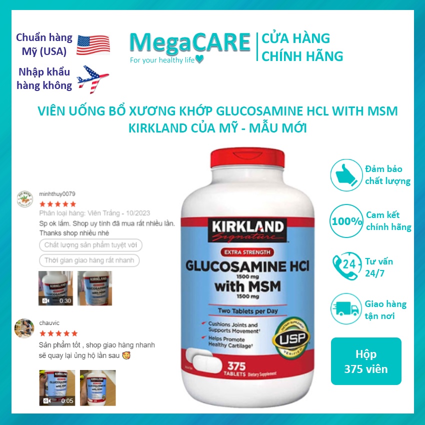 Viên uống bổ xương khớp Kirkland Glucosamine HCL 1500mg With MSM 1500mg của Mỹ Hộp 375 Viên - Mẫu mới