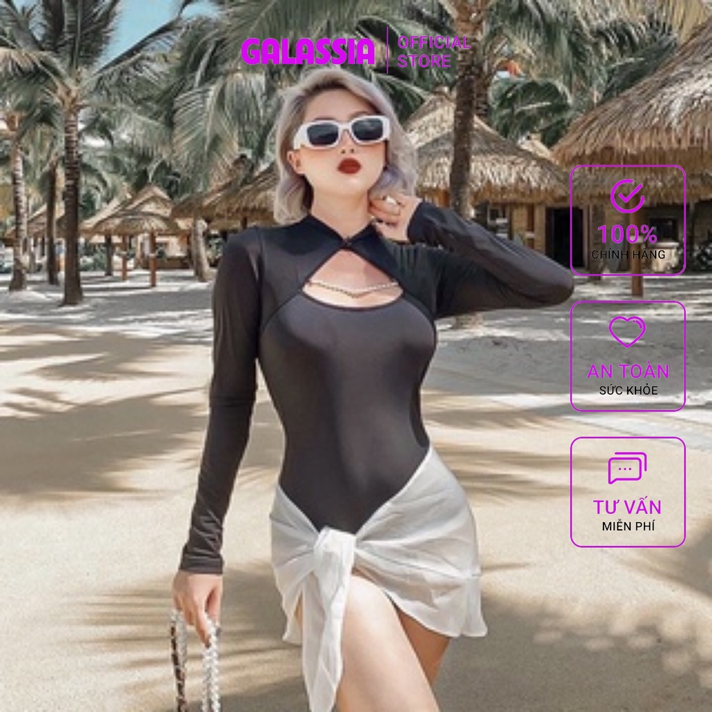 Đồ bơi nữ kín đáo bikini liền thân dài tay cổ cao tắm biển du lịch GALASSIA
