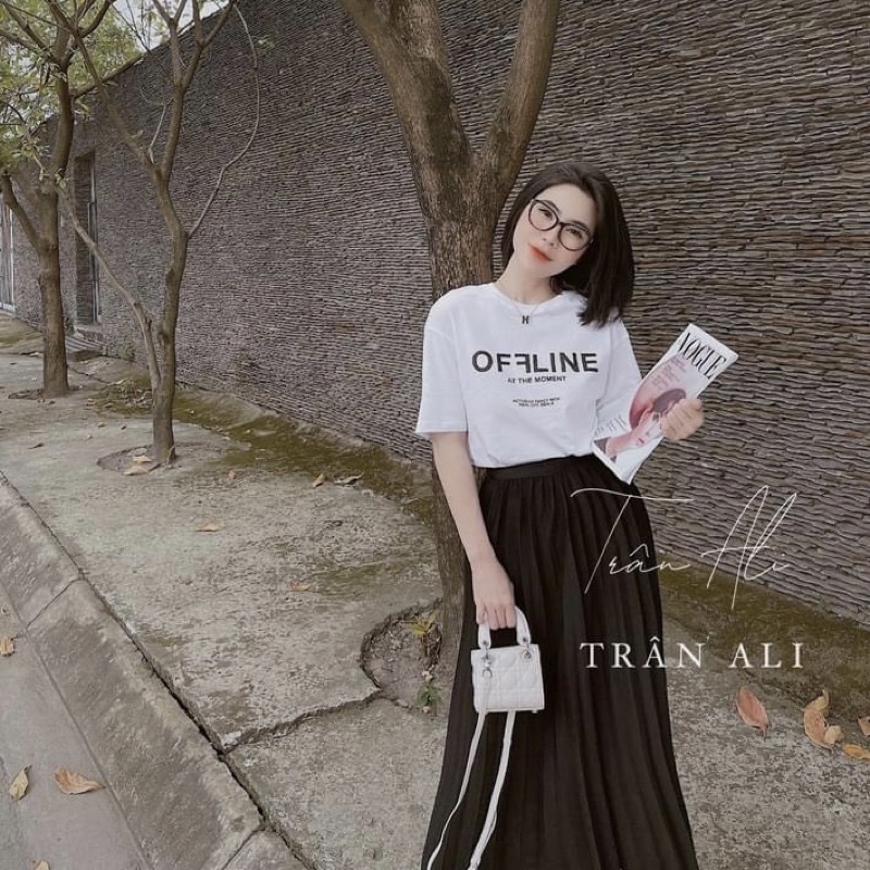 Set bộ áo phông OFF mix chân váy dập li xếp ly Áo cotton trắng váy midi dài đen