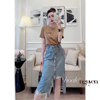 Chân váy bò dáng dài rách 7 khuy