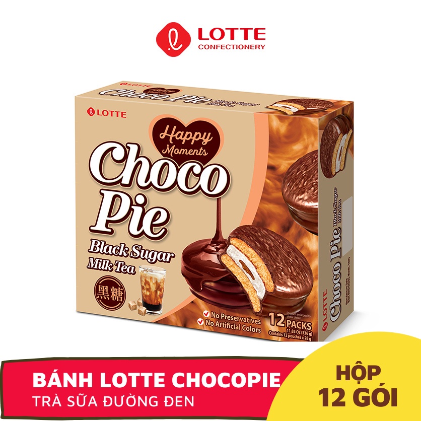 Bánh Lotte Chocopie vị TRÀ SỮA ĐUỜNG ĐEN/ CHUỐI/ TRÀ XANH - Hộp 336G x 12 Gói (độc quyền mới ra mắt)