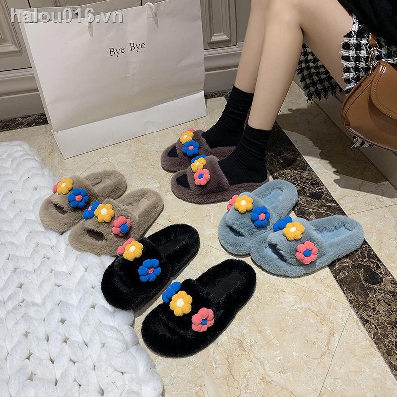 Đôi dép bông đi trong nhà đế bằng đính hoa thời trang mùa đông 2020 cho nữ