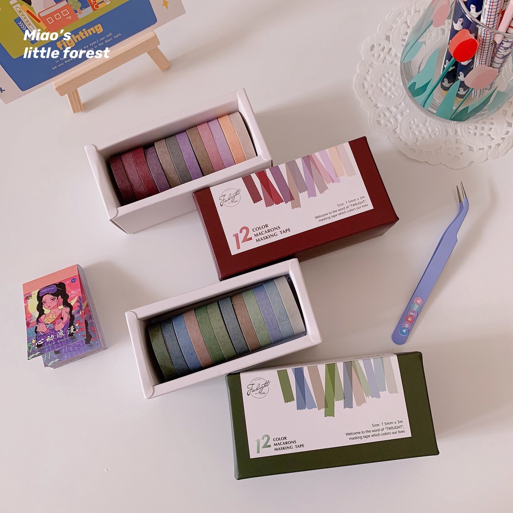 Washi tape MIAO'S LITTLE FOREST hộp 12 cuộn băng dính màu macaron morandi xinh xắn trang trí sổ tay bullet journal