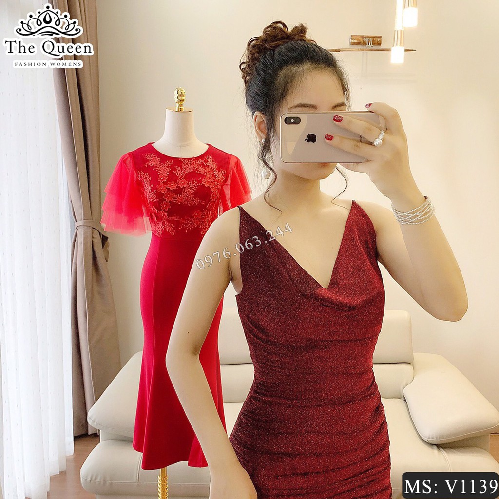 Đầm body nhũ ánh kim V1139 màu đỏ 2 dây cổ đổ - The Queen Fashion