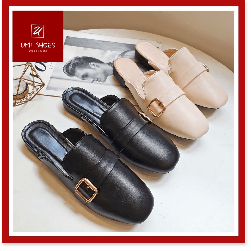 .: 𝗠𝗔𝗡𝗧𝗢 𝗦𝗜𝗠𝗣𝗟𝗘 :. Giày sục nữ mũi vuông khuy vuông đơn giản mẫu mới nhẹ nhàng da mềm màu đen bán chạy đế bằn