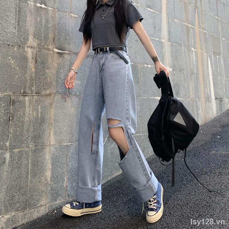 ﹉Spring and Autumn 2021 phiên bản mới của Hàn Quốc quần jean nữ ống rộng cỡ lớn cho người béo MM tây lỗ thẳng