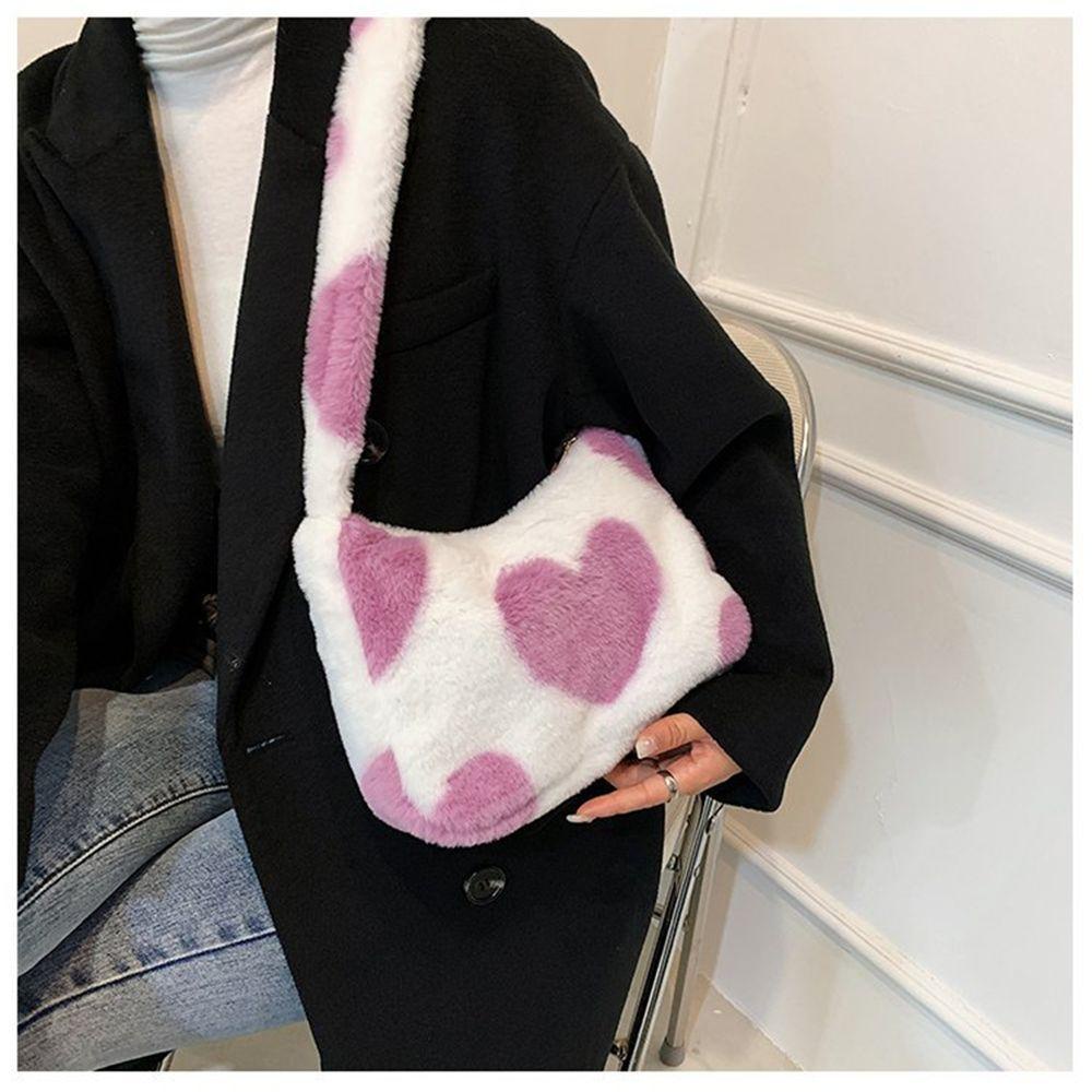 MIH Túi Tote Đeo Vai Phối Lông Họa Tiết Trái Tim Dễ Thương Cho Nữ