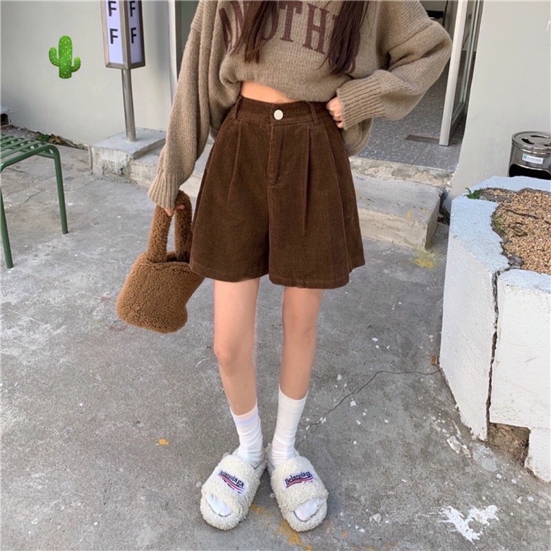 Quần shorts ngố nhung gân ống rộng alohashop