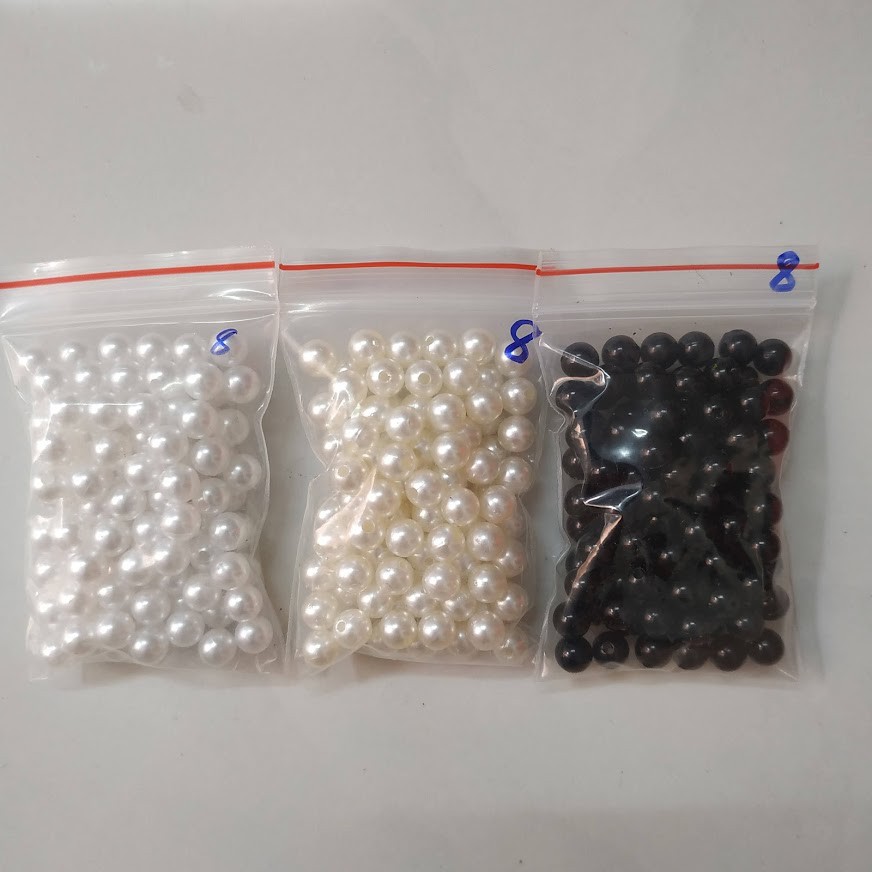 25gr hạt bẹt, ngọc trai giả/ nhựa 3 màu trắng, kem, đen size 6-8-10 ly