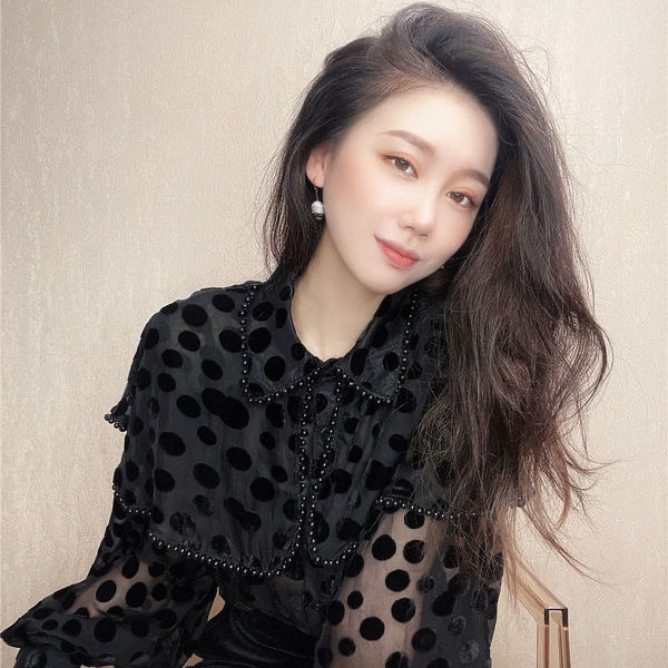 Áo sơ mi lưới mỏng dáng rộng tay lồng đèn đính kim cương kiểu Pháp thu đông cho nữ