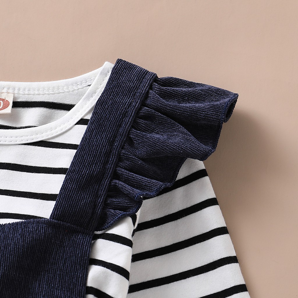 Bộ trang phục MIKRDOO áo tay dài hoạ tiết kẻ sọc và quần có dây đeo vai cotton thời trang mùa thu xinh xắn cho bé gái