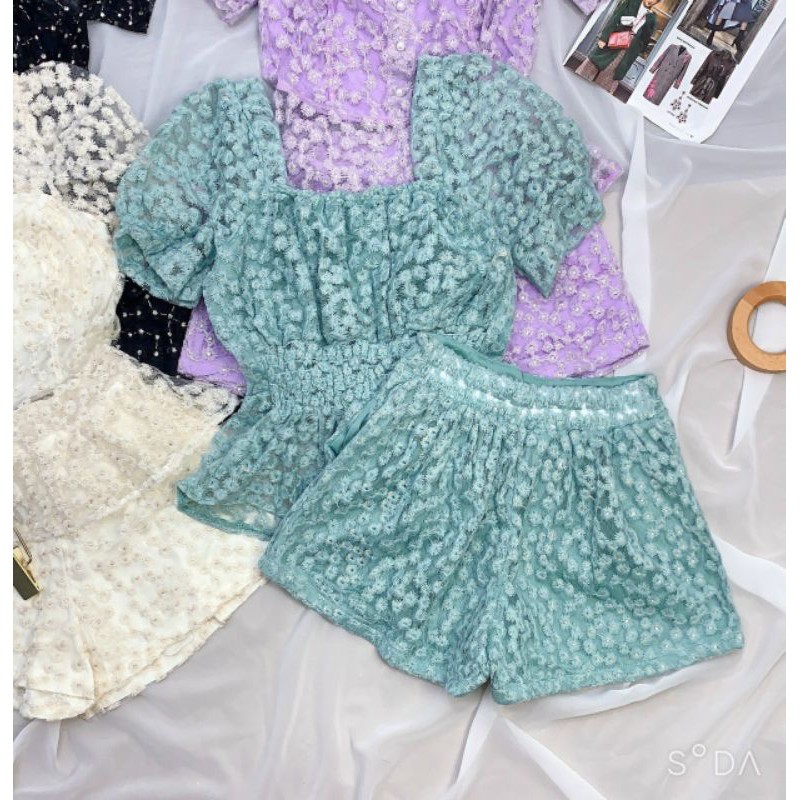 SET TAY PHỒNG PEPLUM VẢI REN THÊU HOA NHÍSỉ