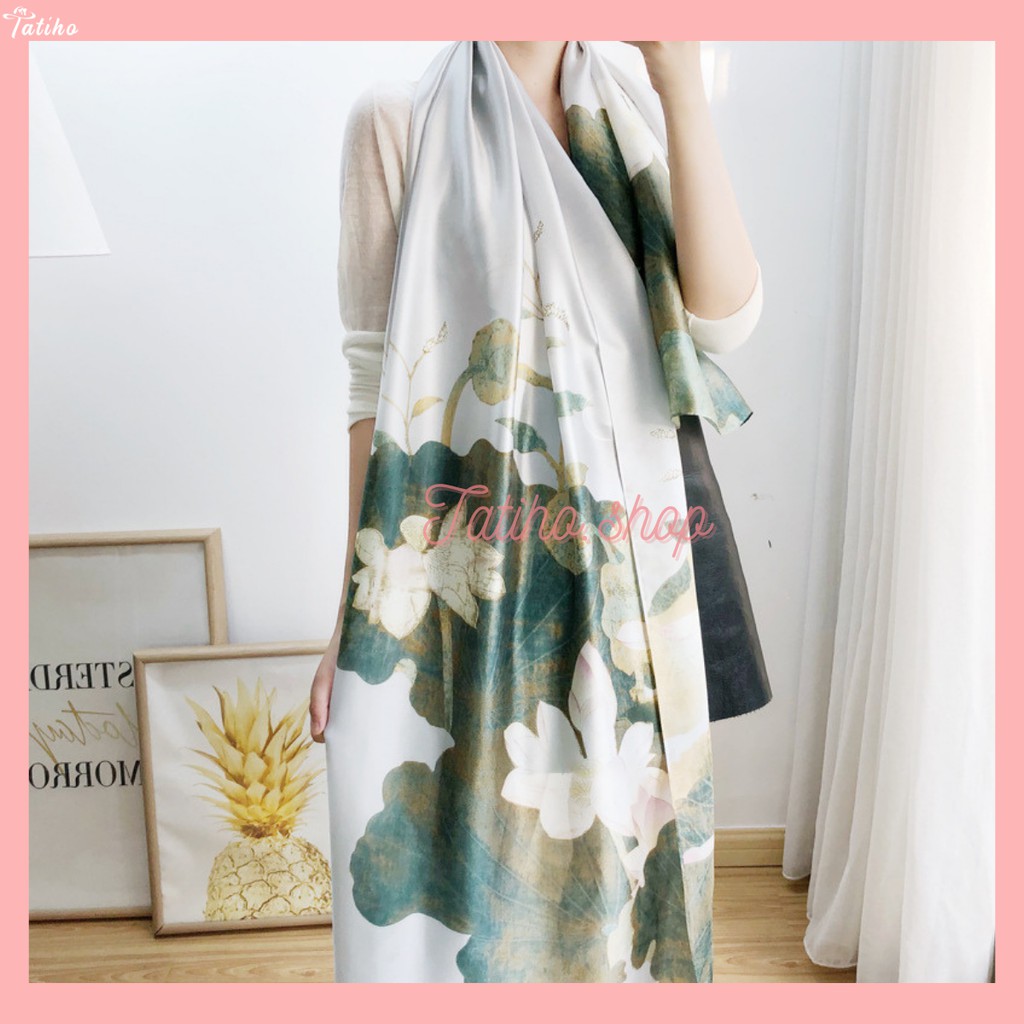 [Hàng Xịn, Giá Tốt] Khăn Choàng Quàng Cổ Lụa Cao Cấp Hoa Sen Sang Trọng - Chất Liệu Silk  - Size:90x190cm - Mã KS002