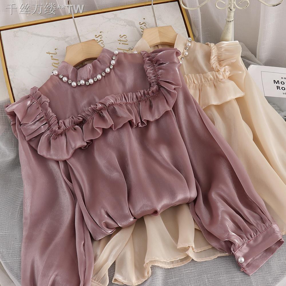 Áo Sơ Mi Voan Phối Ren Thời Trang Thanh Lịch Cho Nữ♞☈Đầm Cổ Cao Phối Bèo Lá Sen Phong Cách Retro Pháp Quý Phái A37