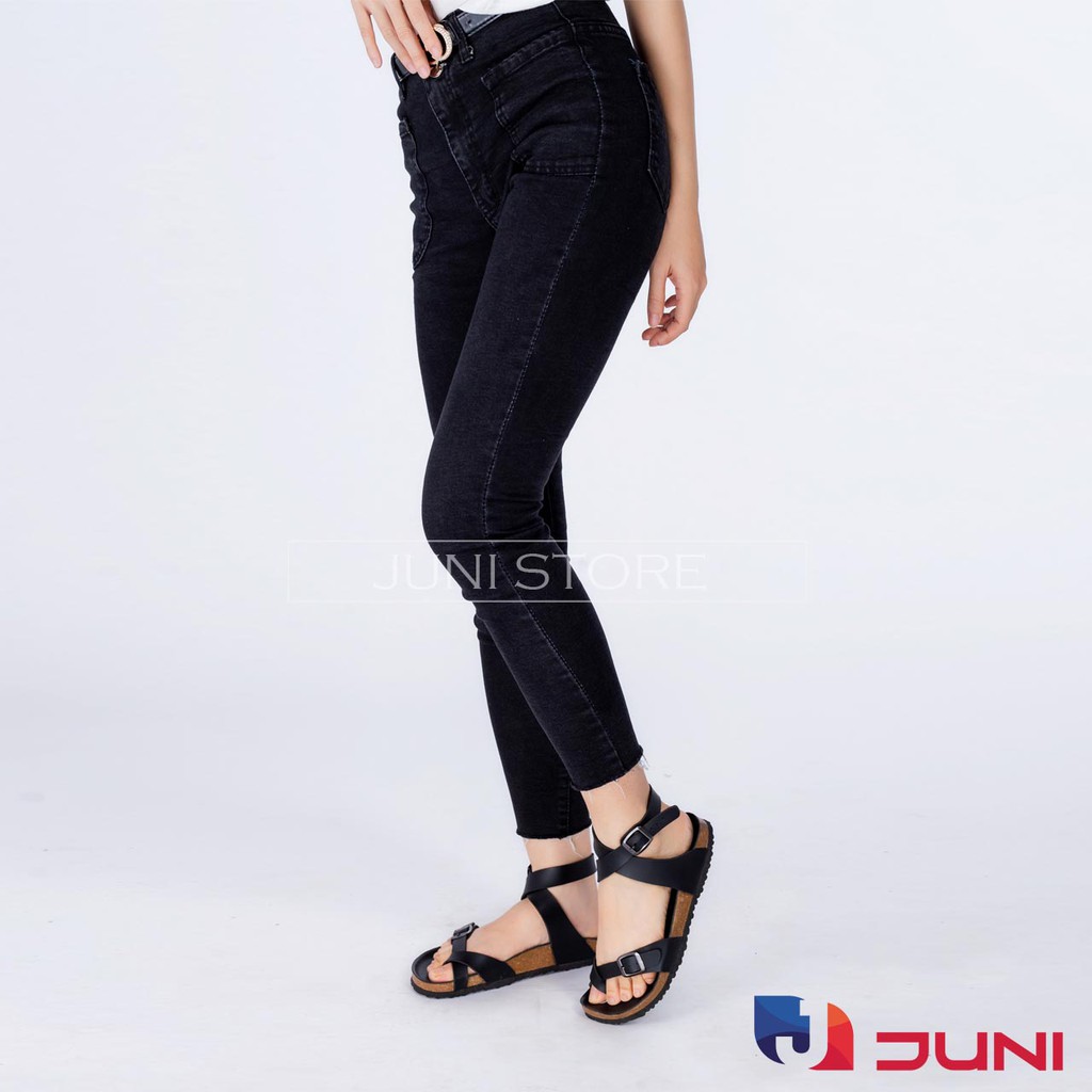[DA PU/CHỐNG NƯỚC] PU16-Dép da sandal cao cổ Unisex, Màu đen, đế trấu Bioline Birken- Xuất khẩu châu Âu - Juni Store